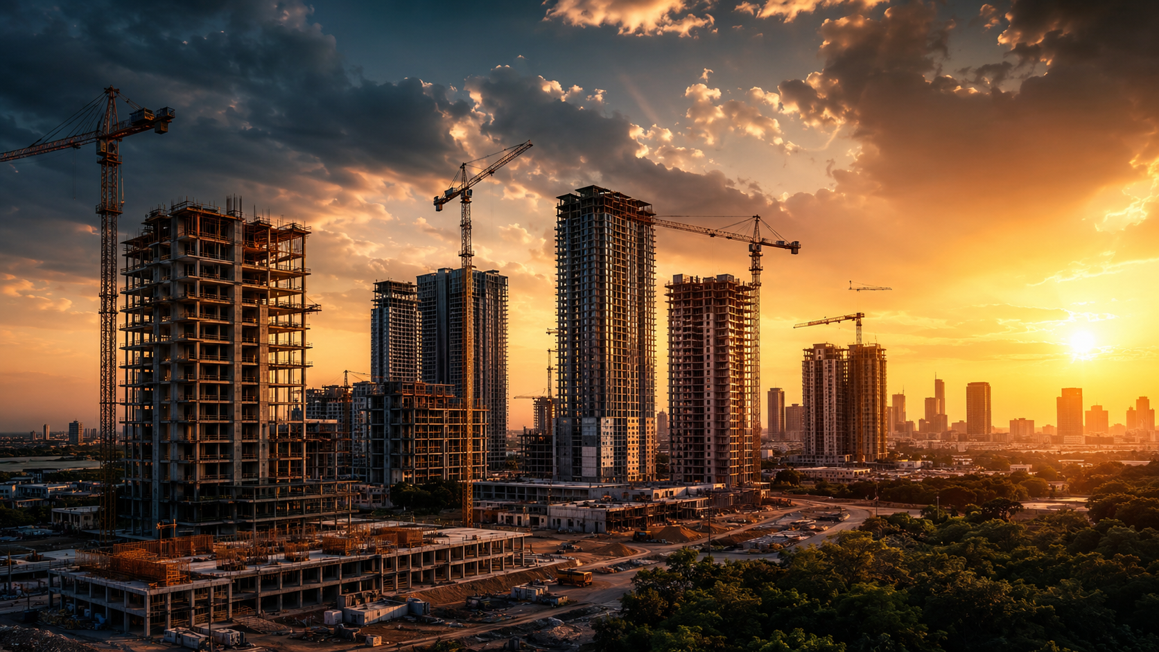 Large-scale construction development at sunset